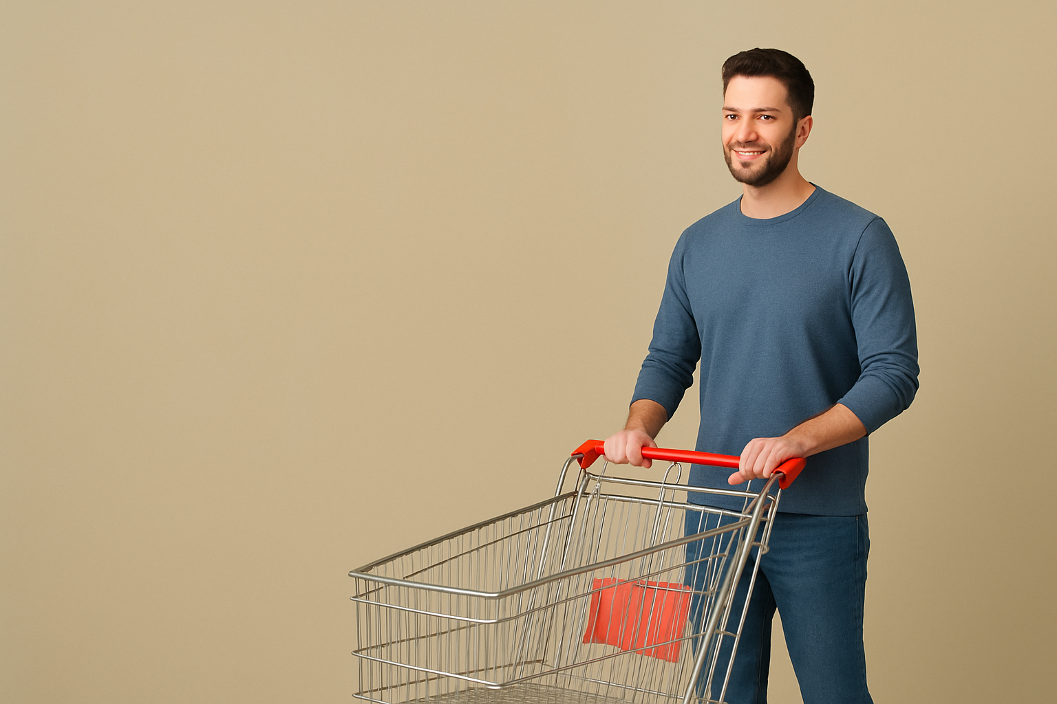 a men with a shopping trolley on the right side of image with light grey mustard background