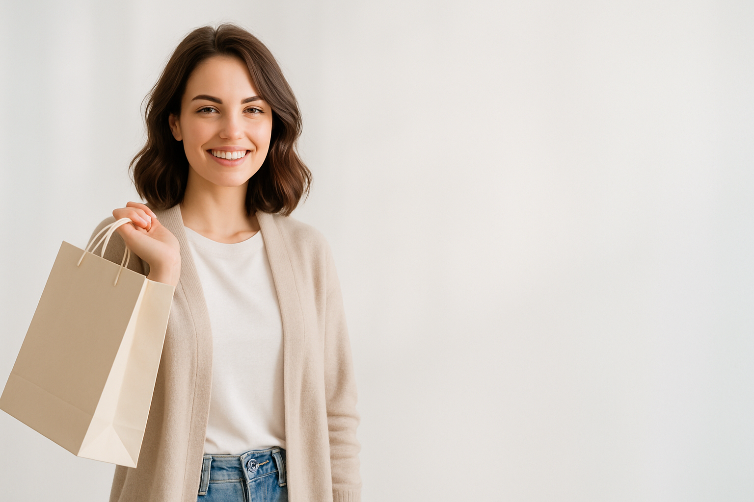 A lady with a shopping bag in her hand standing on the left side of the image with light background